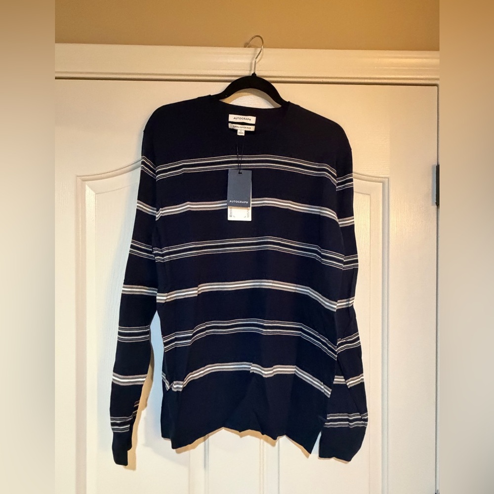 Autograph Men's Dark Blue and White Striped Crewneck Sweater